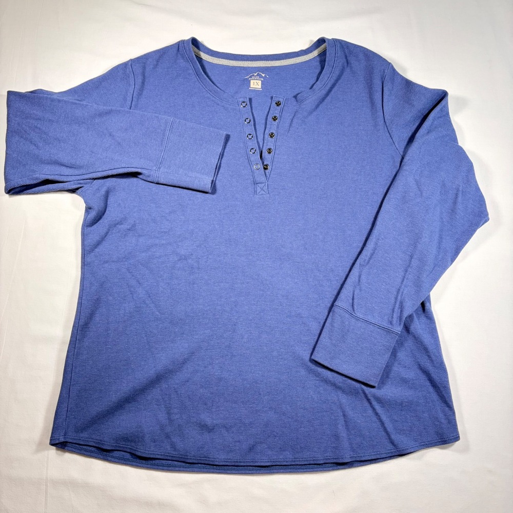 Blue Mountain Womens 1X Henley Top Long Sleeve Ribbed Thermal Periwinkle Blue